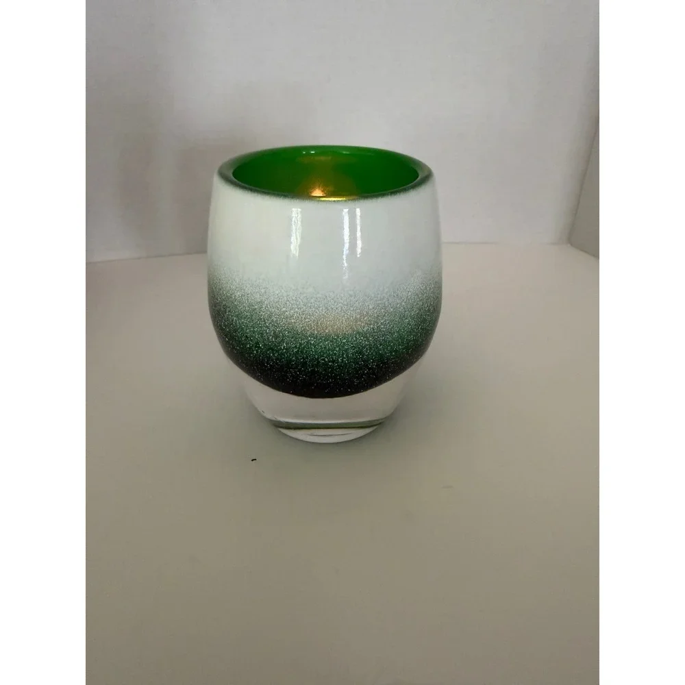 Hand Blown Art Glass Votive Candle Holder Green White Ombre Frosted Cased Glass